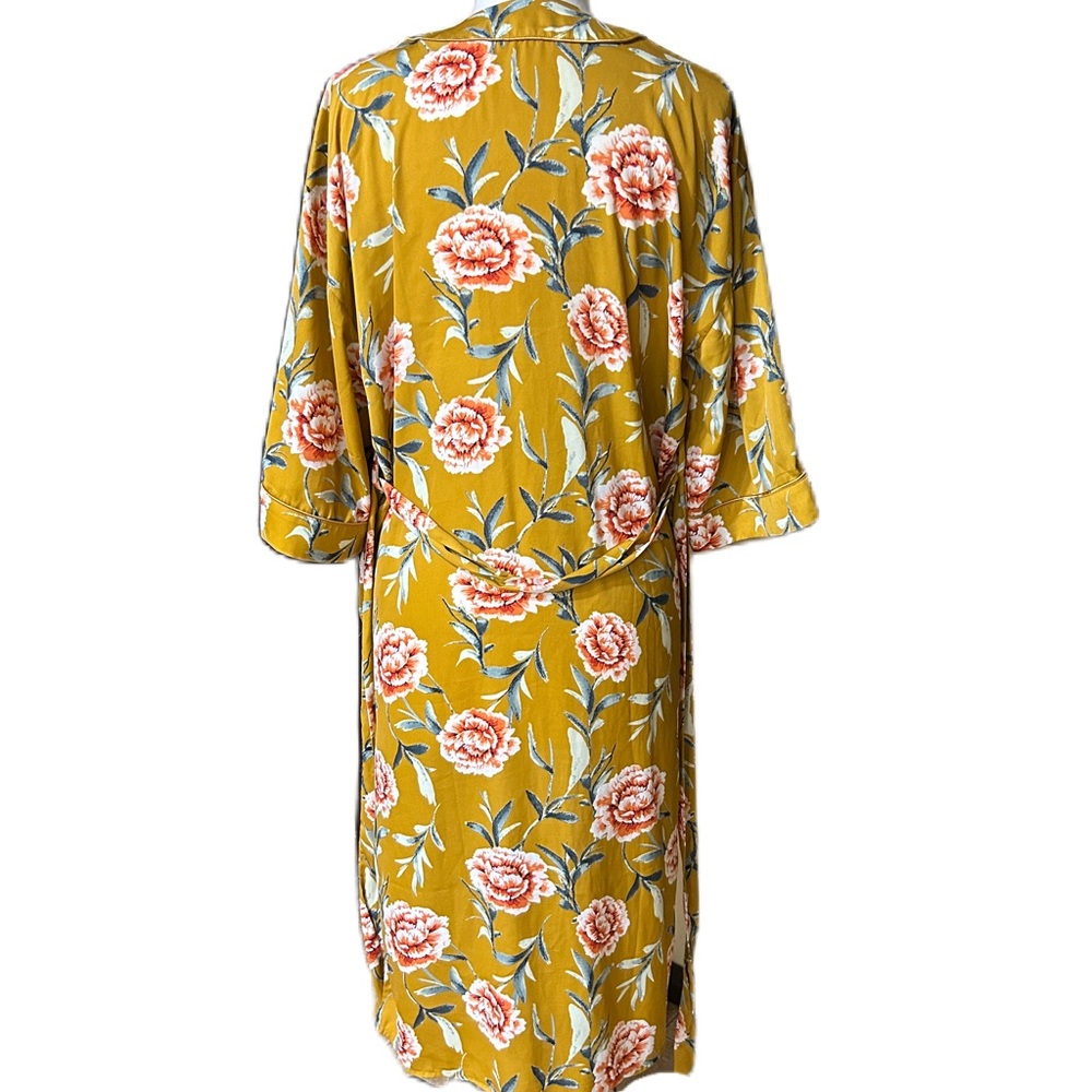 Blueh Ciel Mustard Gold Floral Long Belted Slinky Kimono Robe Boho Hippie sz S - Picture 2 of 5
